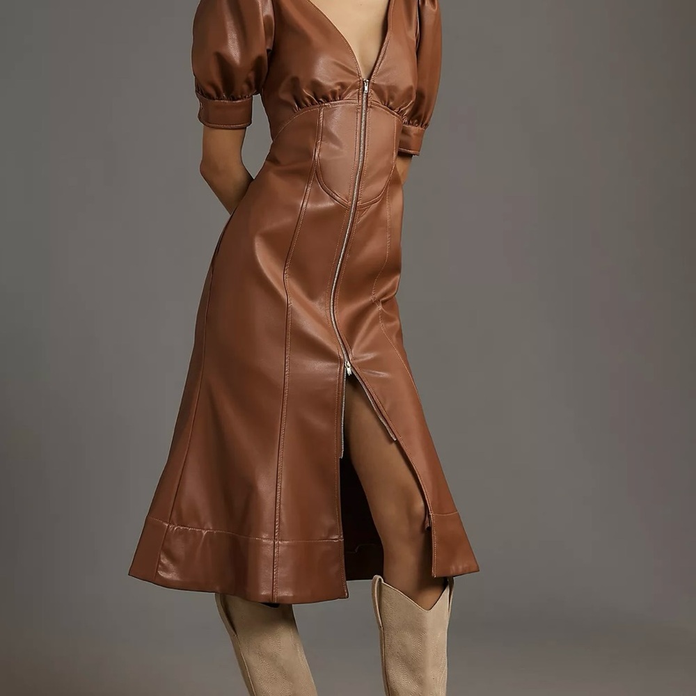 Anthropologie Faux Leather Puff Sleeve MIDI Dress